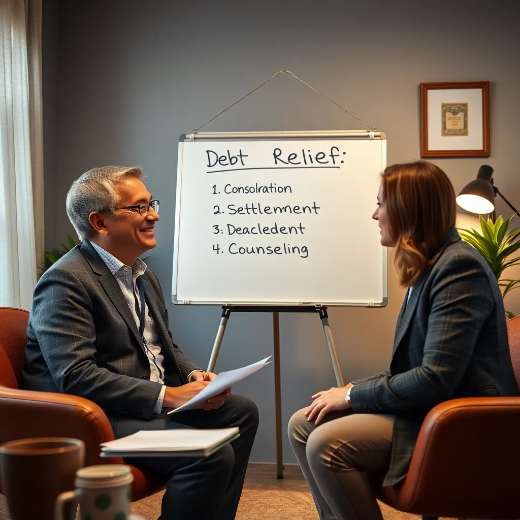 A friendly financial advisor discussing debt relief options with a client in a cozy office setting. Visualize a whiteboard with options like consolidation, settlement, and counseling listed. The atmosphere should feel supportive and empowering, emphasizing collaboration.