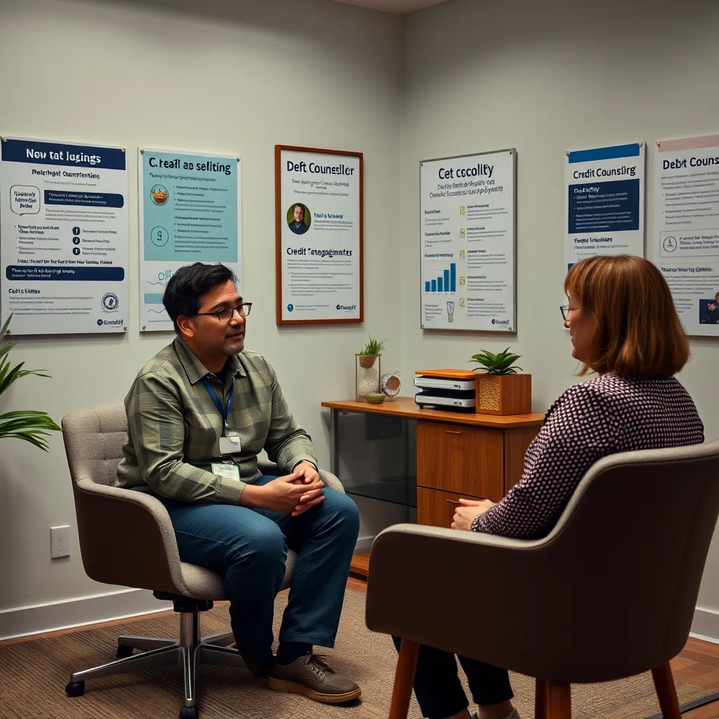 A friendly nonprofit credit counselor sitting across from a client in an inviting office. The walls should display informational posters about budgeting and debt management, with the client looking relieved and engaged in conversation.