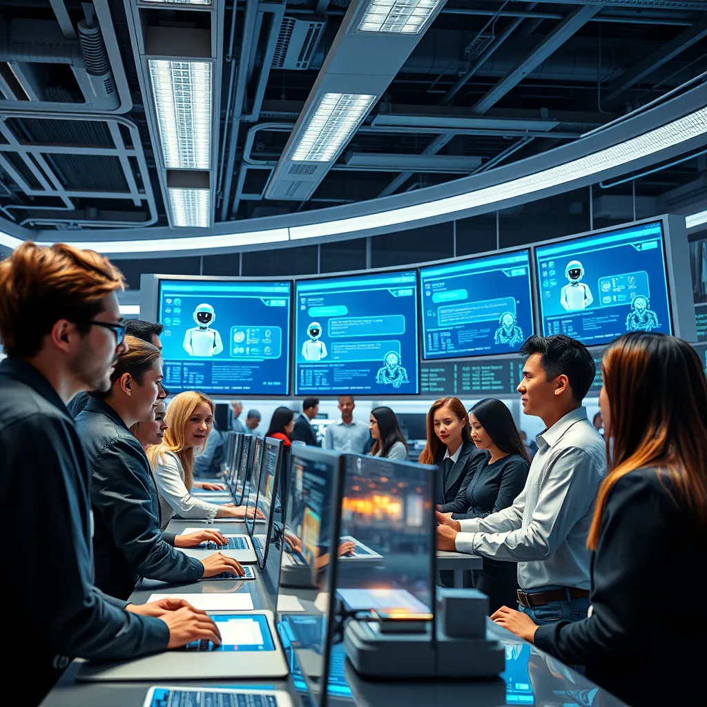 A futuristic, photorealistic customer service center with a digital chatbot interface on multiple screens, engaging with diverse customers of different ages and backgrounds. The environment is busy but orderly, highlighting the seamless interaction between humans and AI.