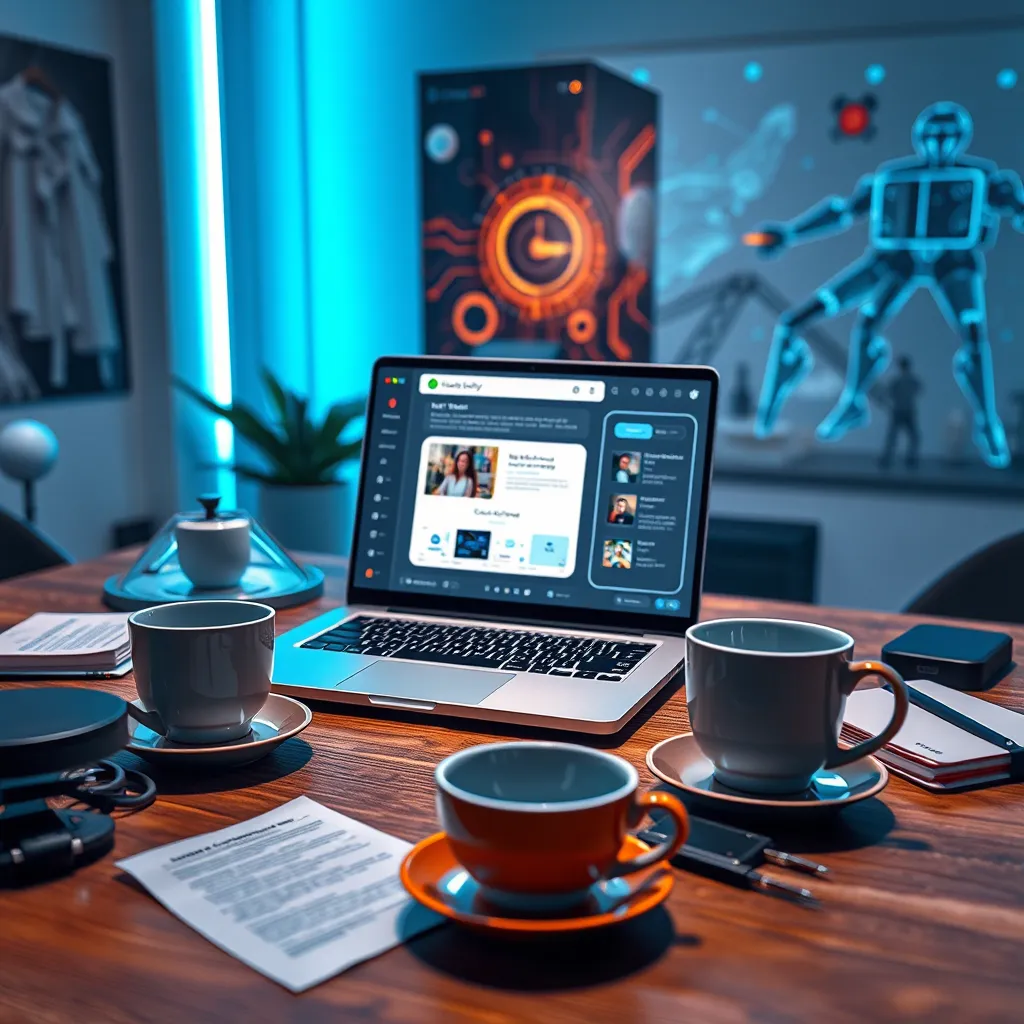 A futuristic workspace showcasing a sleek, AI-driven content generation tool open on a laptop, surrounded by notes and coffee cups. The setting features soft ambient lighting with a touch of blue lights from the tech devices, creating an innovative atmosphere. The camera is positioned at a close-up angle highlighting the laptop screen displaying creative content being generated. The color scheme includes cool grays with hints of orange from the coffee cups, giving a modern and energetic feel. There are textured materials like a wooden table contrasted with metal accents. Background elements include futuristic art depicting technology and creativity, rendered in stunning hyperrealistic detail at 8K resolution.
