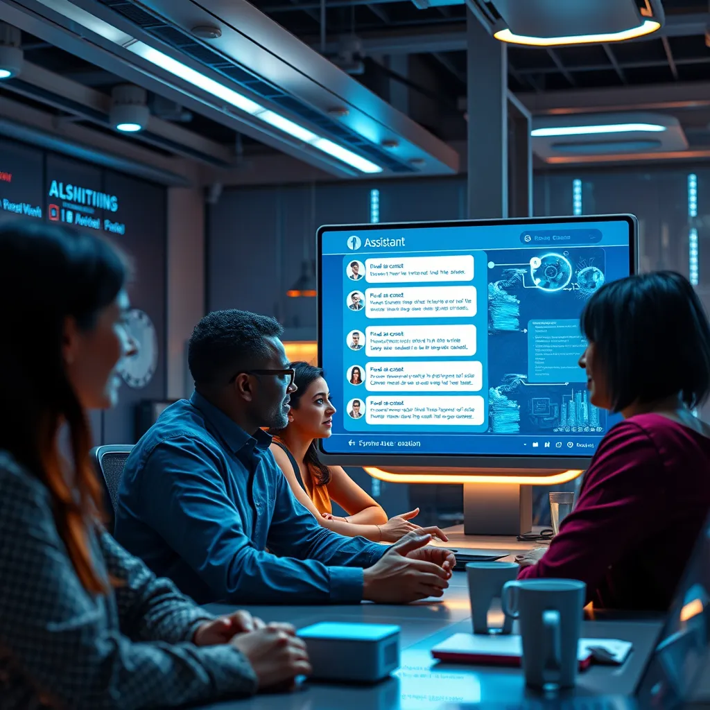 A futuristic workspace with a digital assistant displaying chat dialogues on a screen, highlighting context and user requests. Include diverse users engaged in conversation, with visual cues showing emotional expressions and AI processing in the background.
