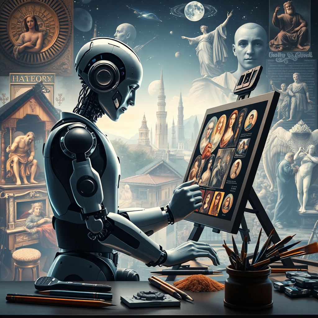 A grand image symbolizing a digital renaissance, depicting an AI artist at work with tools blending software and artistic brushes. The backdrop features iconic digital imagery inspired by art history, flowing seamlessly into modern technology. The lighting is soft and inspiring, enhancing expression. Textures range from classic art to sleek digital interfaces, visually capturing a harmonious collaboration of past and present.