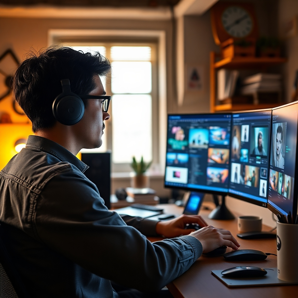 A grounded, realistic image of a creative professional using the Copilot Image Generator in their workspace, with visuals produced by AI showcased on the screen. The lighting is warm and productive, highlighting the tools and designs involved in content creation. The palette should be contemporary, blending technology with the warmth of creativity.