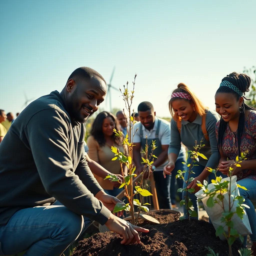 A group of church members participating in a community service project, planting trees or distributing food. The scene is lively and engaging, showing a diverse group of individuals working together with smiles, under bright blue skies, symbolizing hope and community effort.