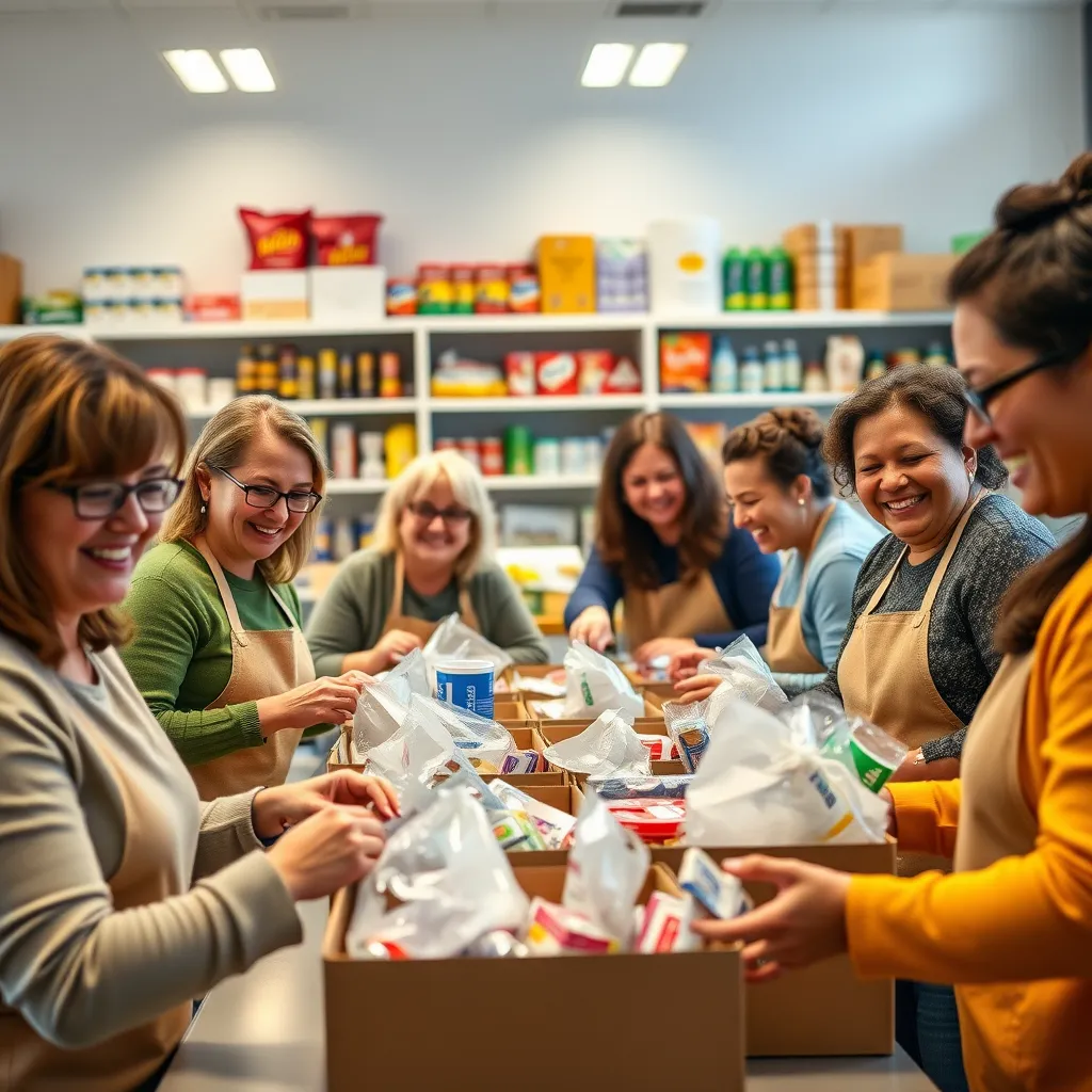 A group of church volunteers assembling care packages in a bright room, with smiles and a sense of purpose. Shelves filled with food items and personal care products are in the background, giving a sense of organized charity work.