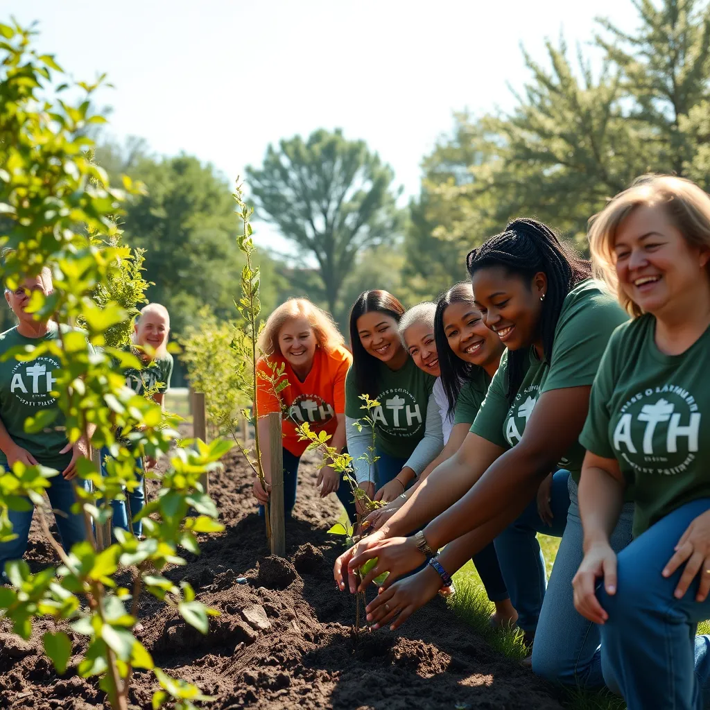 A group of church volunteers working together outdoors, planting trees in a community park. They are diverse in age and background, wearing T-shirts with a faith-based logo. The scene is bright, filled with greenery and enthusiastic smiles, reflecting teamwork and compassion.