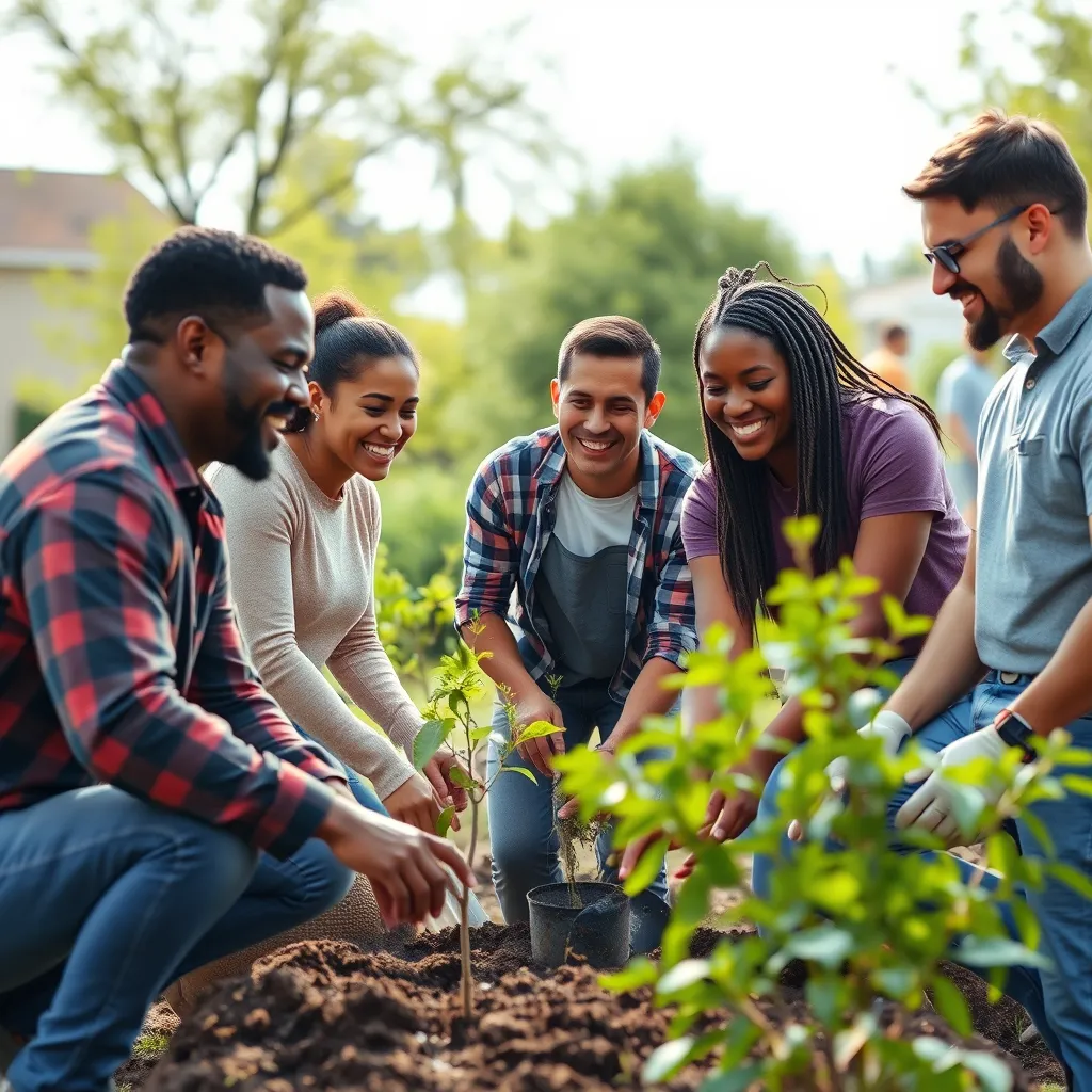 A group of diverse church members working together outdoors, planting trees and cleaning a neighborhood park. They are engaged in meaningful conversation while smiling at each other, showcasing teamwork, kindness, and the spirit of community service.