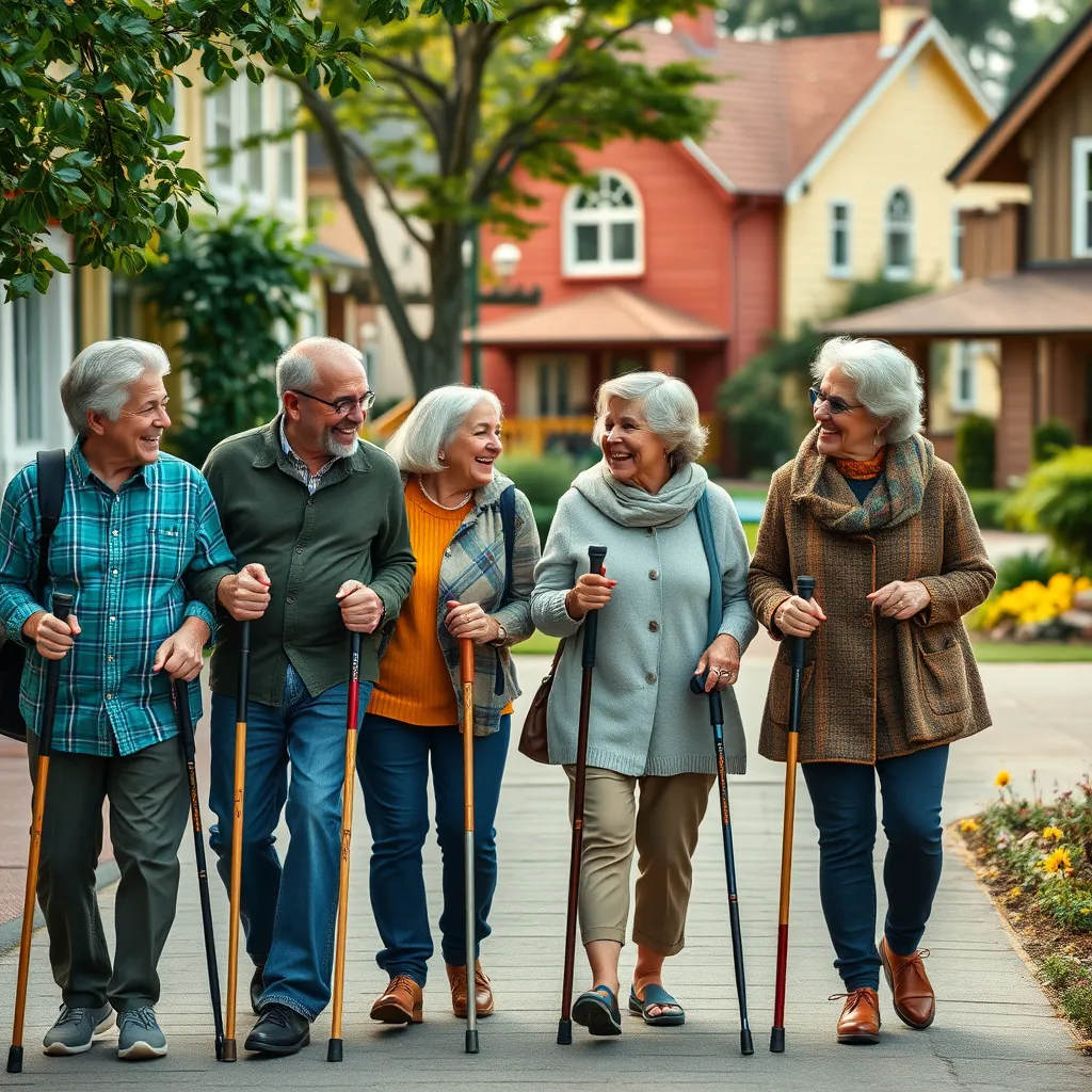 A group of diverse individuals walking together in a community setting, laughing and sharing stories while holding walking sticks. The background showcases a quaint neighborhood with colorful houses and a welcoming atmosphere, emphasizing community spirit.