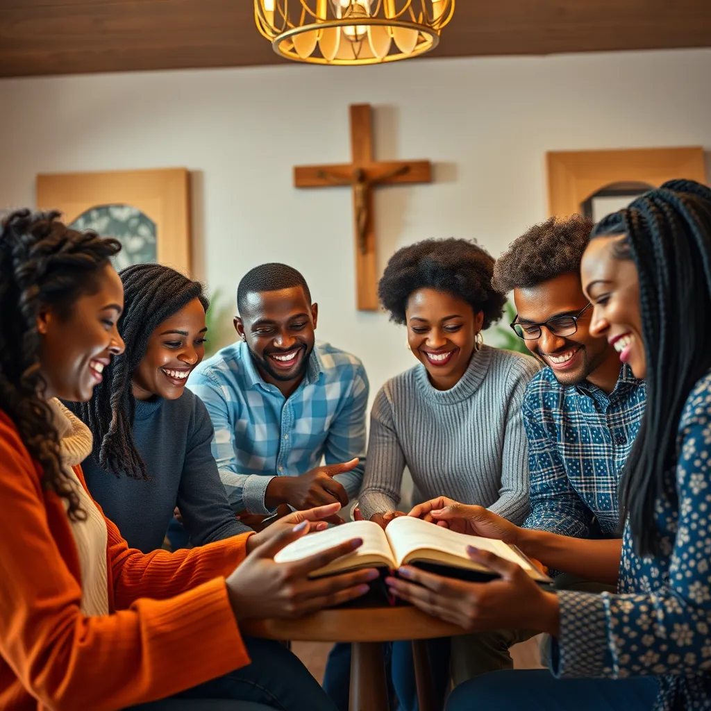 A group of diverse individuals gathered around a digital device, engaging lively in a virtual Bible study session. The scene should have bright and inviting decor, with each participant showing expressions of joy and connection, while a cross or religious artifact decorates the background.