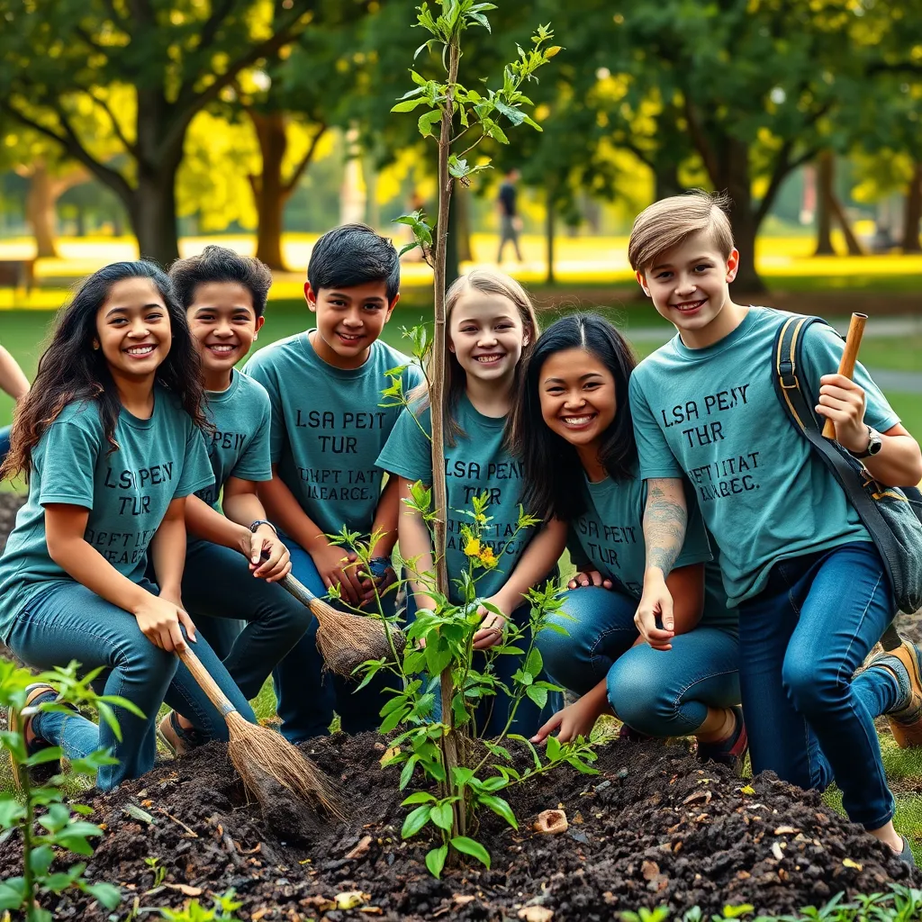 A group of energetic Christian youth actively participating in a community service project, planting trees in a local park, wearing matching t-shirts with a positive message, smiles on their faces, surrounded by nature and tools, embodying teamwork and purpose.