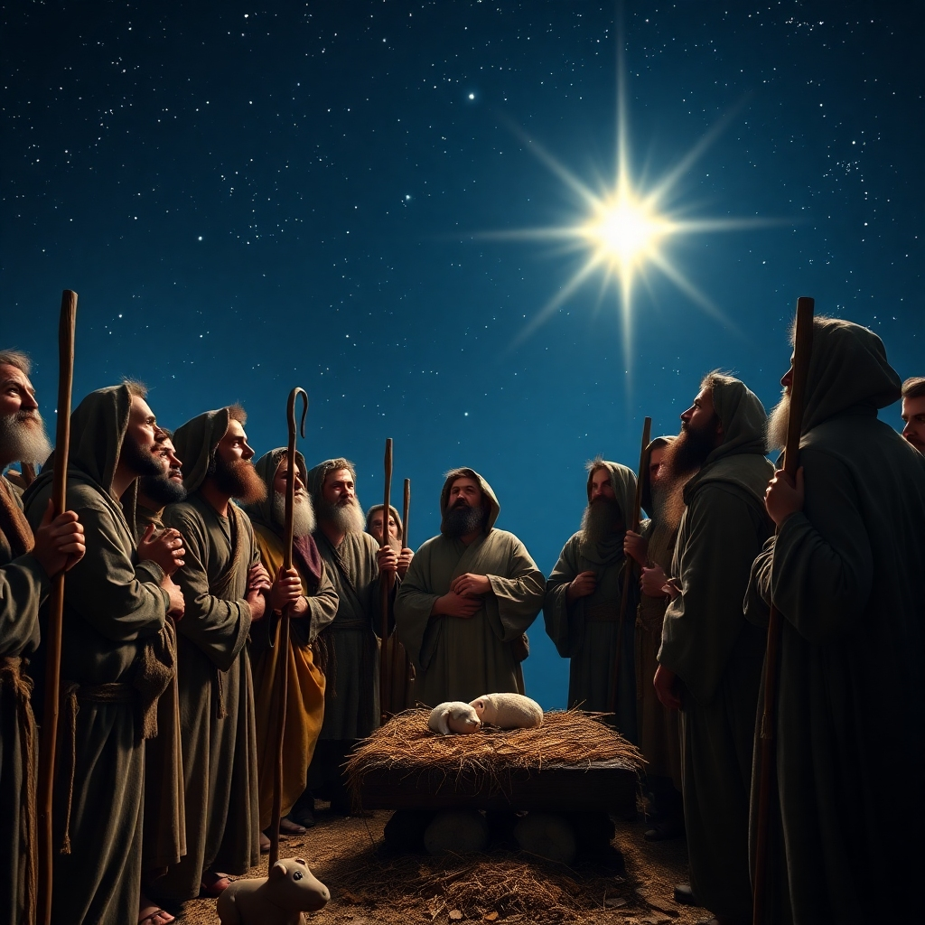 A group of rustic shepherds in ancient clothing, looking awe-struck as they gather around the manger scene. Some hold wooden staffs, while others gaze upward at the radiant star of Bethlehem glowing over the stable. The night sky is deep blue with scattered stars, providing a heavenly backdrop to this worshipful moment.