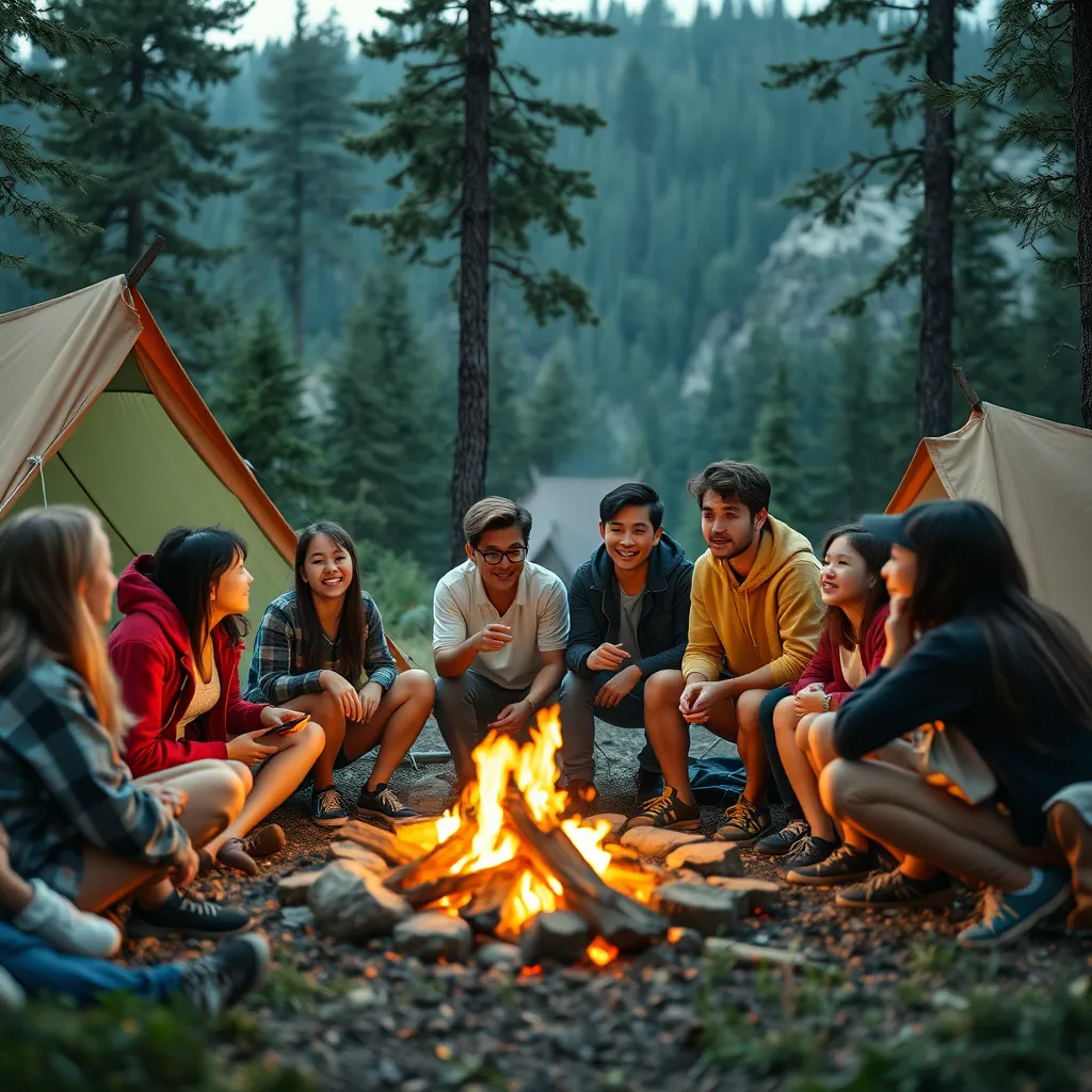 A group of teenagers gathered around a campfire during a youth retreat, engaging in discussions and singing songs. The setting is nestled in a picturesque forest, with tents and nature all around, creating a warm and inviting atmosphere as they share laughter and stories.