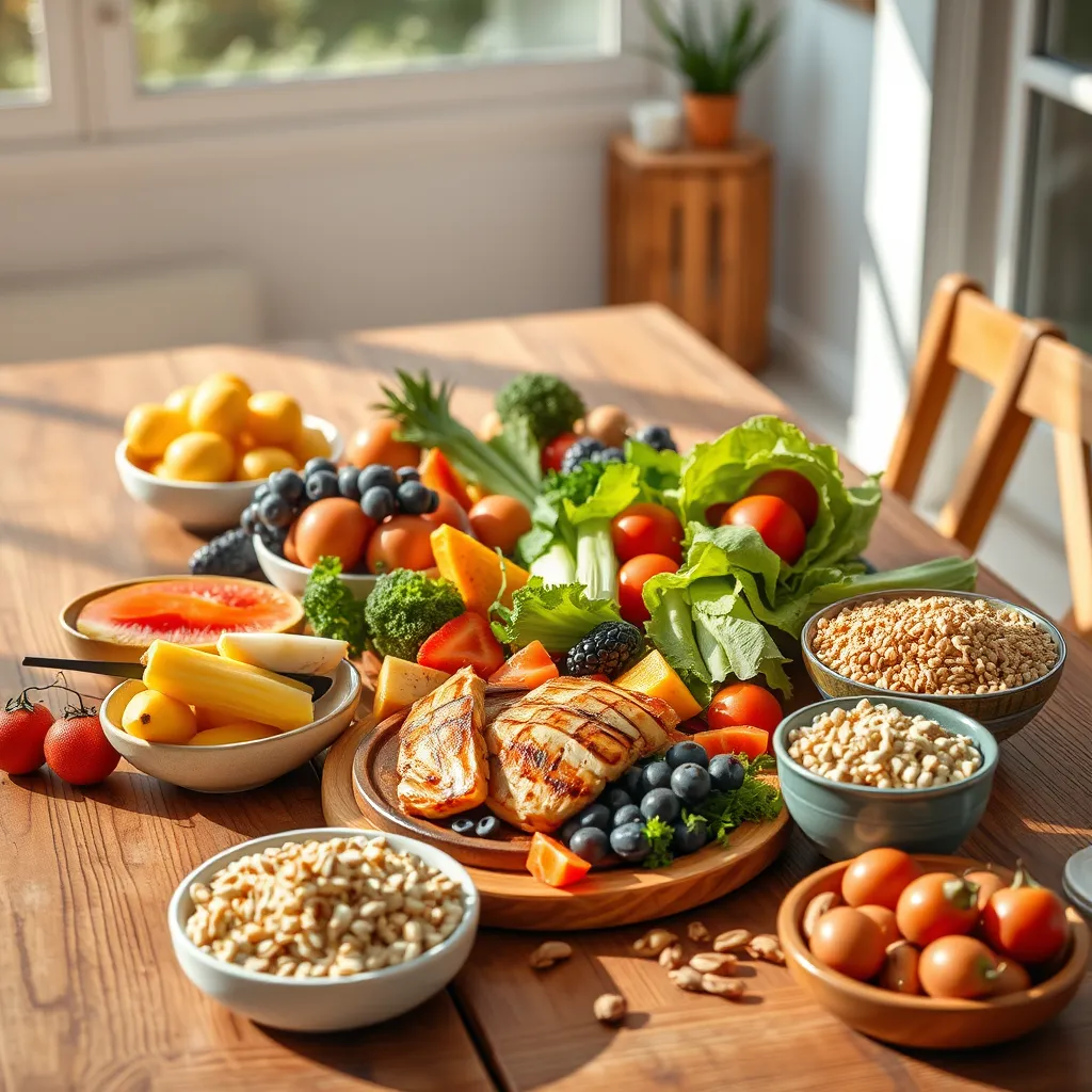 A healthy meal spread on a wooden dining table, featuring colorful fruits, fresh vegetables, lean proteins like grilled chicken, whole grains such as quinoa, and a variety of nuts. The setting is bright, sunny, and inviting, showcasing balance and nutritional richness.