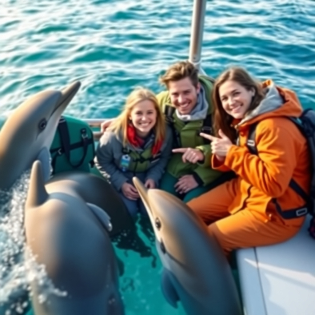 A heartwarming depiction of a research team on a boat using DolphinGemma to interact with dolphins. The researchers are shown smiling and pointing at the AI interface, surrounded by an ocean of blue and green hues, representing a blend of human intelligence and animal communication. The scene conveys excitement at the potential discoveries ahead.