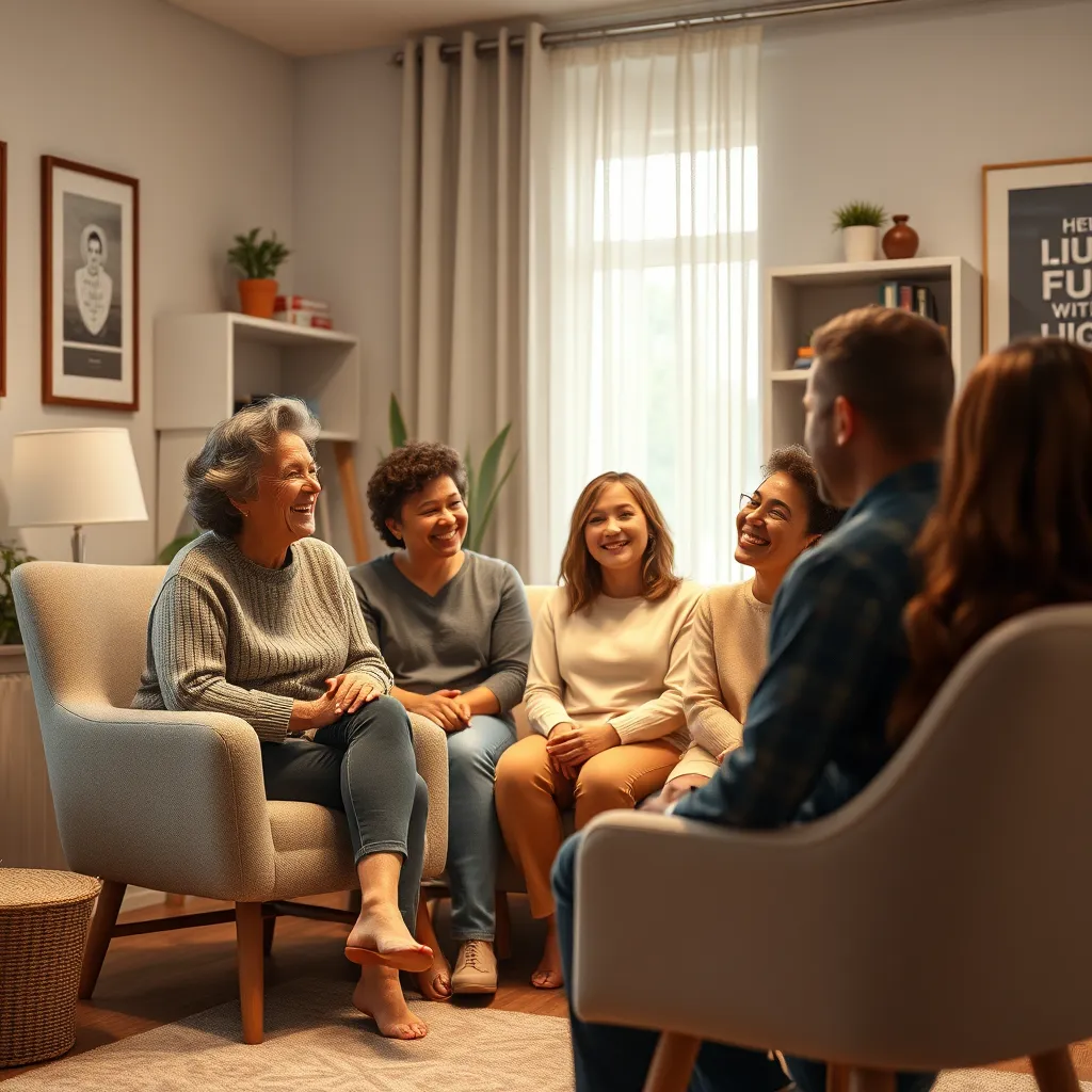 A heartwarming image of a therapist's office, softly lit, featuring a comfortable chair and soothing decor. A diverse group of individuals is participating in a support group, laughing and sharing their experiences, illustrating the power of community and shared strength.