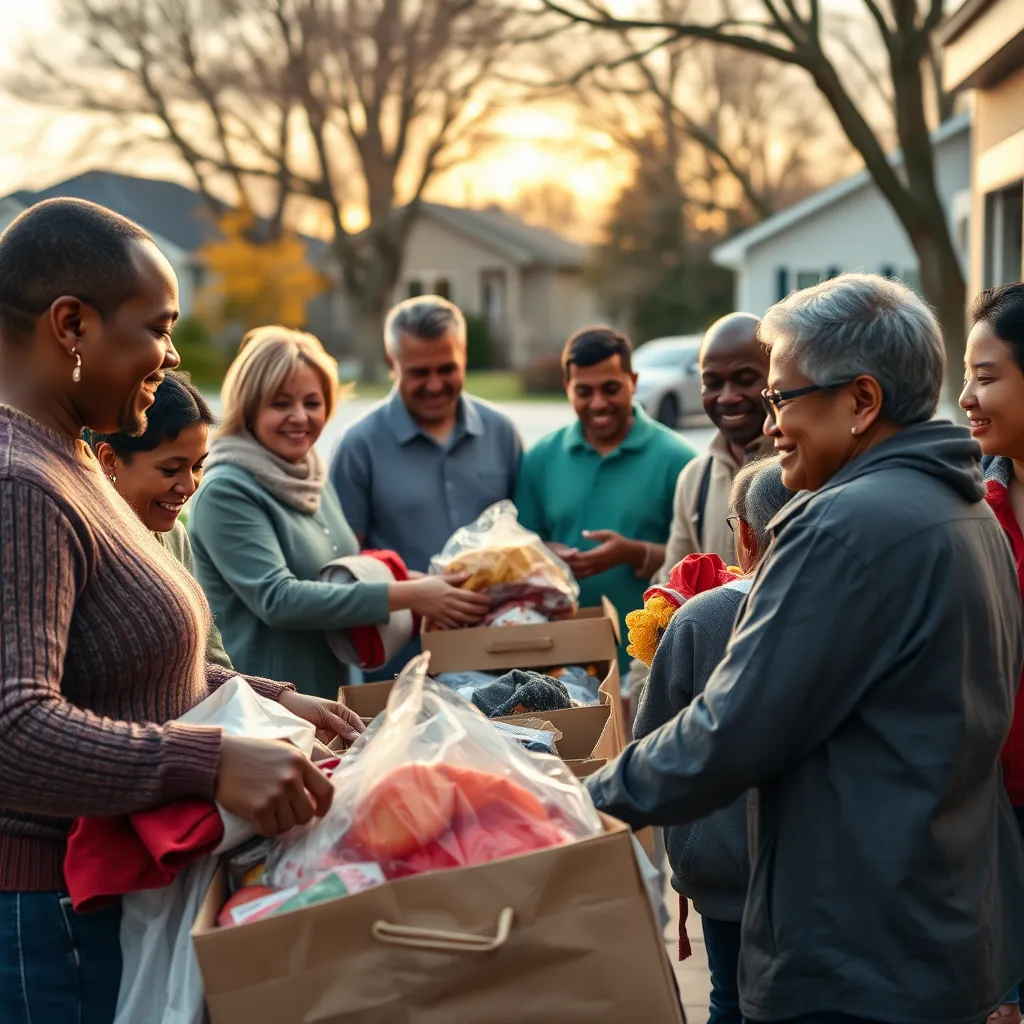 A heartwarming scene showing church members participating in a community service project. View volunteers distributing food and clothes to families in need, with smiles and gratitude all around, set against a backdrop of a suburban neighborhood.