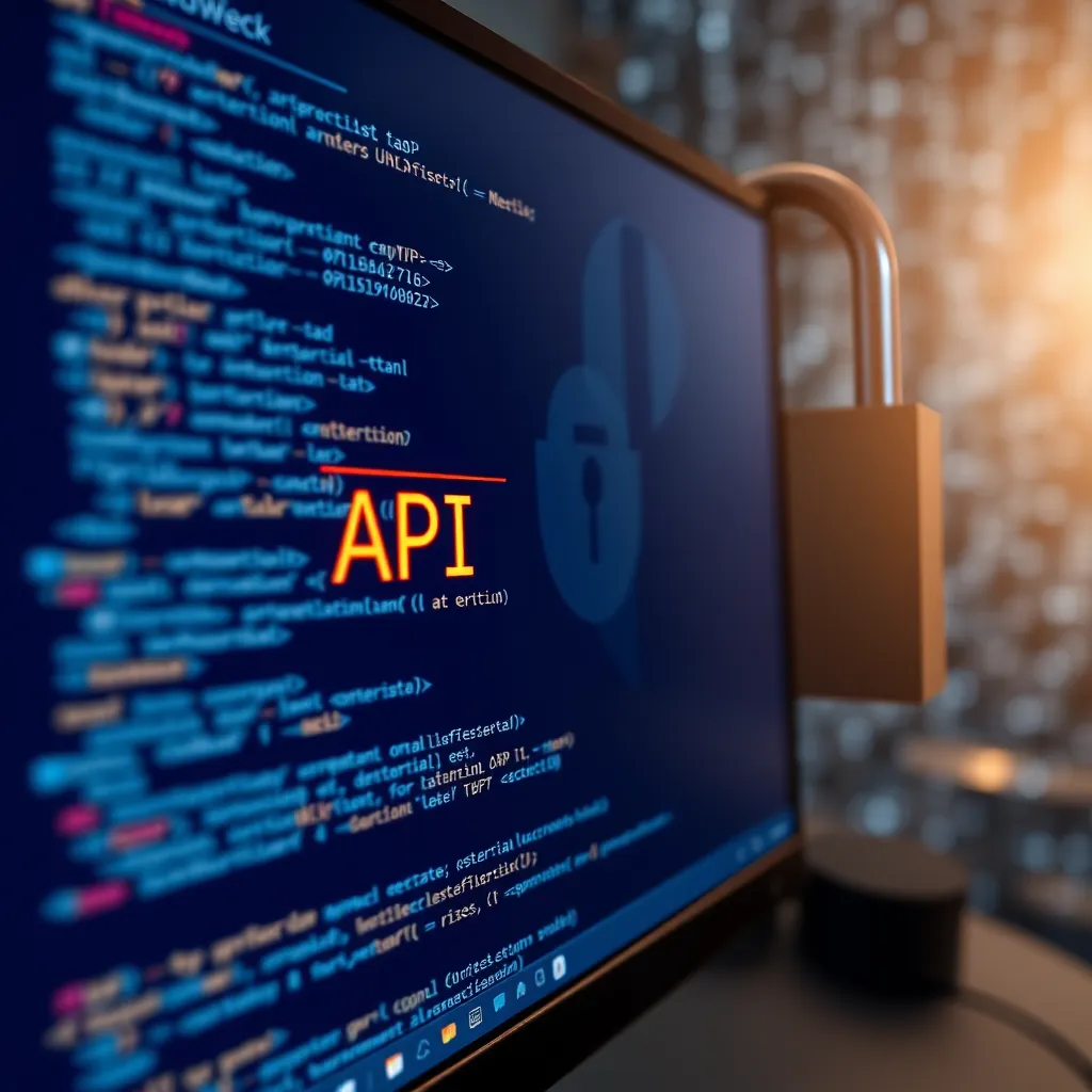 A high-quality, photorealistic image of a computer screen displaying code with an API key highlighted. In the background, a digital lock representing security with binary code flowing in the atmosphere, symbolizing authentication and protection of data.