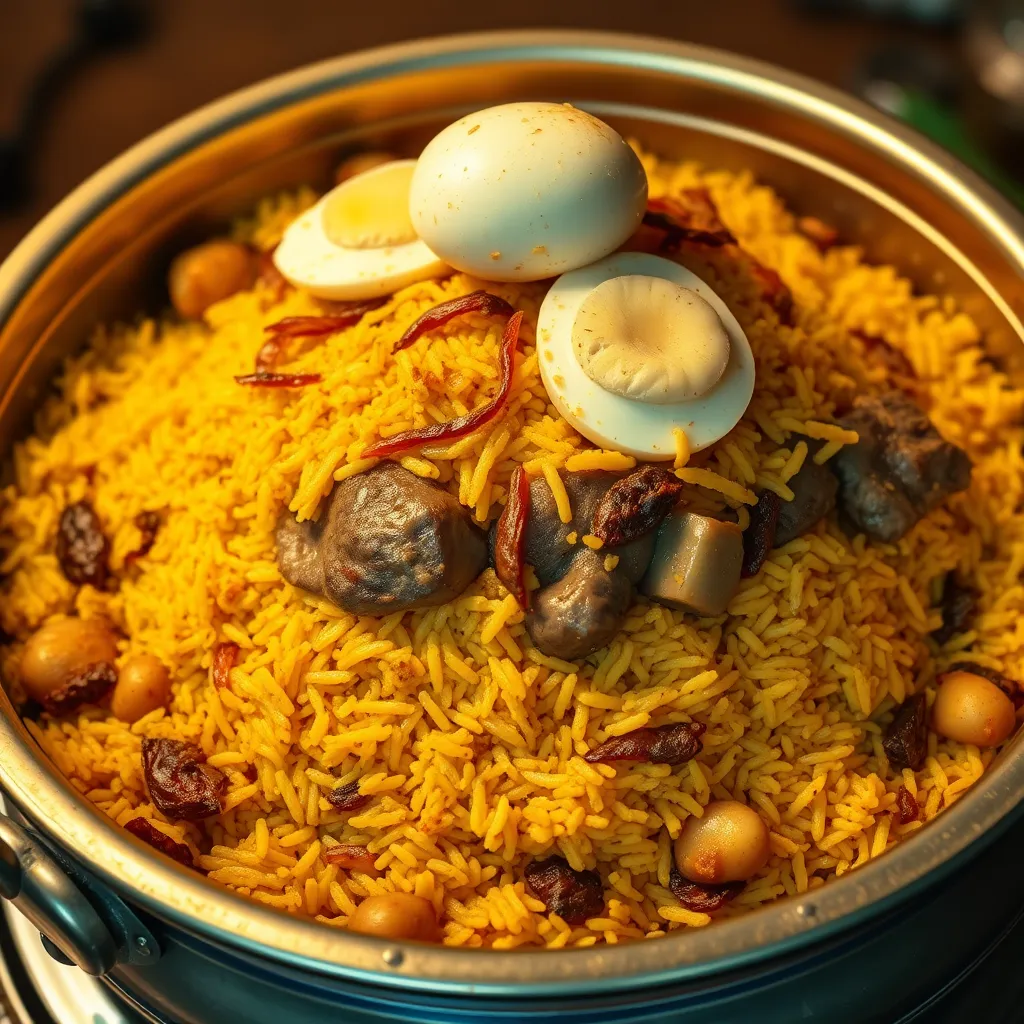 A high-quality, photorealistic image of Kacchi Biryani in a large, decorative brass pot. Each layer of the biryani is visible—pieces of marinated mutton between layers of saffron-colored basmati rice with browned onions and boiled eggs on top.