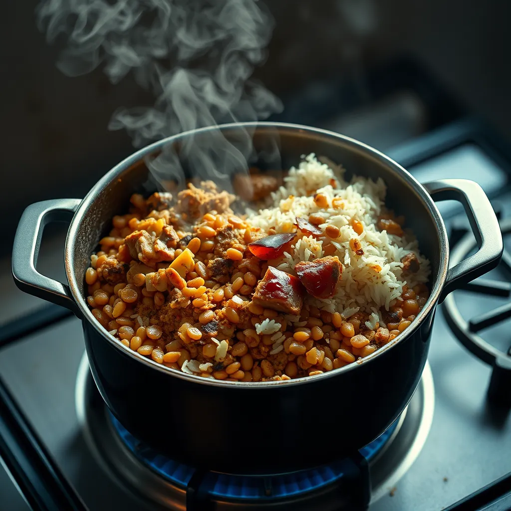 A high-quality, photorealistic image illustrating a pot on a stove with a rich mixture of fried onions, garlic, ginger, meat, and spices, gradually blending with rice and lentils, emitting steam and aroma.