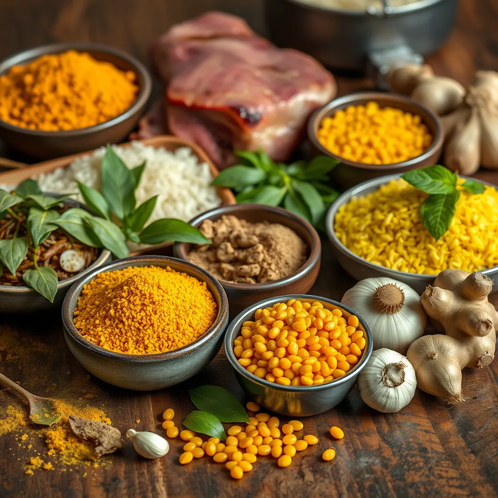 A high-quality, photorealistic image displaying a variety of Bangladeshi spices: turmeric, cumin, bay leaves, alongside raw rice and yellow lentils, as well as fresh meat, onions, garlic, and ginger on a wooden kitchen table.