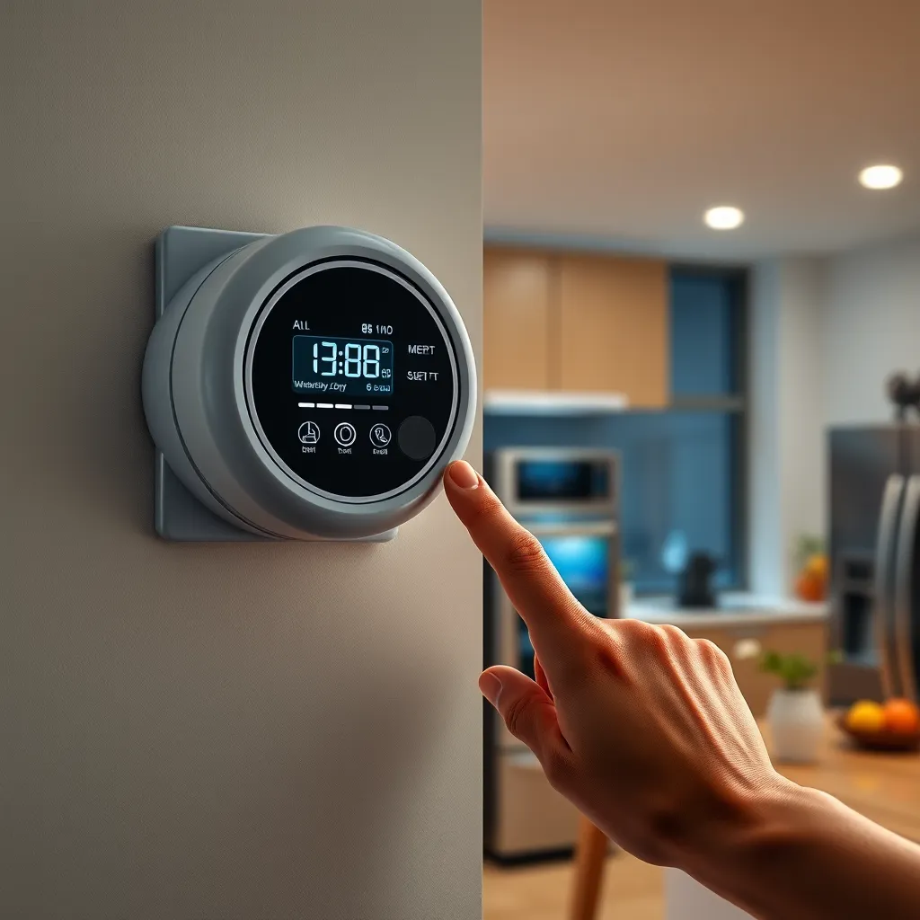 A high-quality, photorealistic image of a smart meter installed on a wall, showing a digital display of current energy usage. Include a hand interacting with the meter and energy-efficient appliances in a modern kitchen setting, with a focus on the meter’s advanced technology.