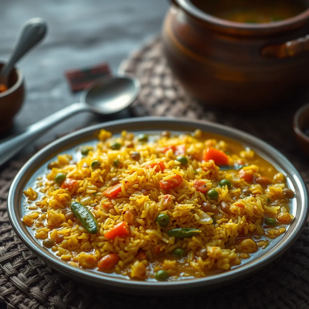 A high-quality image of a plate of Khichuri. The dish should appear golden yellow, with visible grains of rice and lentils, dotted with pieces of vegetables like carrots and peas. The setting should include traditional Bangladeshi utensils and elements such as a clay pot and woven mat.