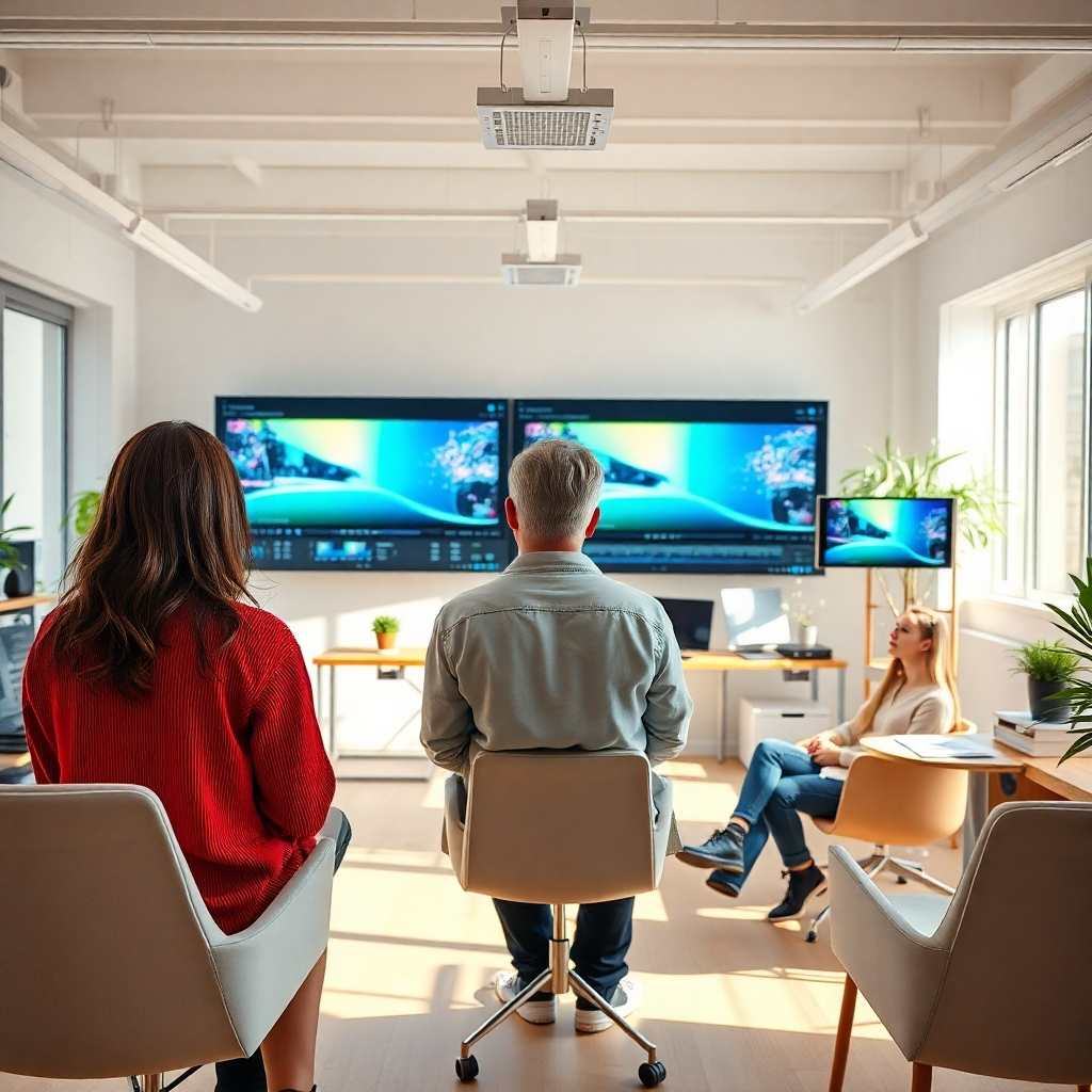 A high-quality image showing a creative workspace where users are interacting with AI software. Bright, natural lighting enhances the vibrancy of the room, with a color palette combining soft whites and splashes of color from digital screens. The camera angle is from behind the users, focusing on their engagement with the editing tools. Textures feature modern office furniture and high-tech screens displaying the editing interface. Style references could include contemporary artistic environments.