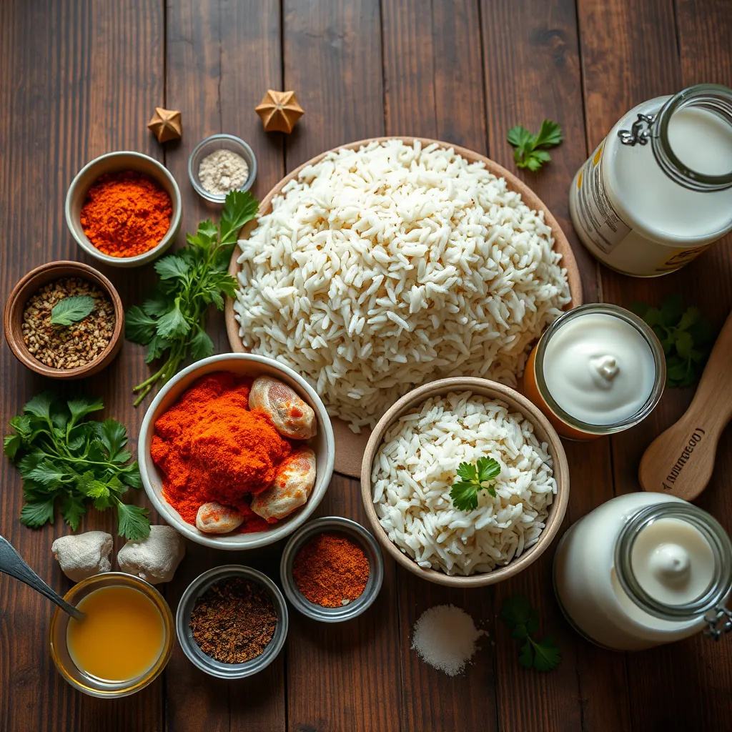 A high-resolution image featuring a variety of raw biryani ingredients neatly arranged on a wooden table, including basmati rice, raw chicken or lamb pieces, bowls of spices like cumin and saffron, fresh herbs like mint and cilantro, ghee, and a jar of yogurt.