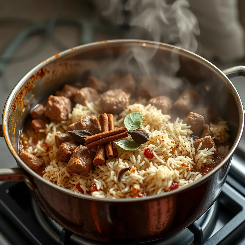 A high-resolution image of a large, deep pot on the stove, showing Beef Tehari in the cooking process. The pot should contain tender beef chunks and Basmati rice topped with whole spices like bay leaves, cinnamon sticks, and cloves. Steam rising from the pot, with the mixture visibly simmering, captures the cooking process in detail.