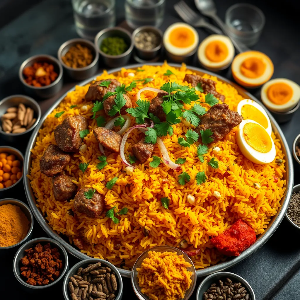 A high-resolution image of a traditional Bangladeshi Biryani, steam rising, with vibrant saffron rice, tender chunks of meat, and garnished with fresh coriander, fried onions, and boiled eggs. Surround the dish with small bowls of various colorful spices like turmeric, cumin, and coriander seeds to highlight the rich palette of flavors.