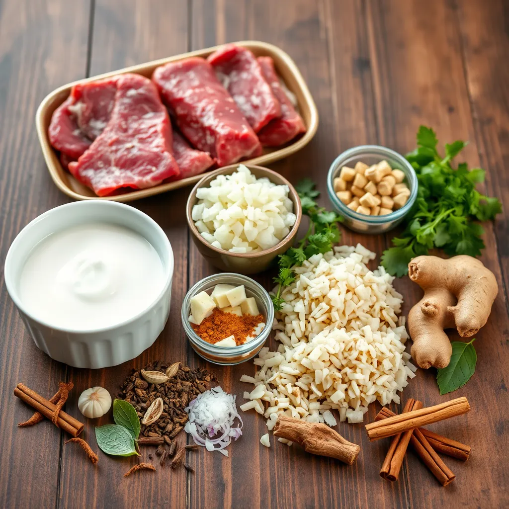 A high-resolution image of a wooden table displaying raw ingredients for Beef Tehari. This includes cuts of beef, a bowl of Basmati rice, small containers of yogurt, finely chopped onions, minced garlic, and ginger, and an array of spices like bay leaves, cinnamon sticks, and cloves. Each ingredient should be neatly arranged, showcasing their freshness and detail.