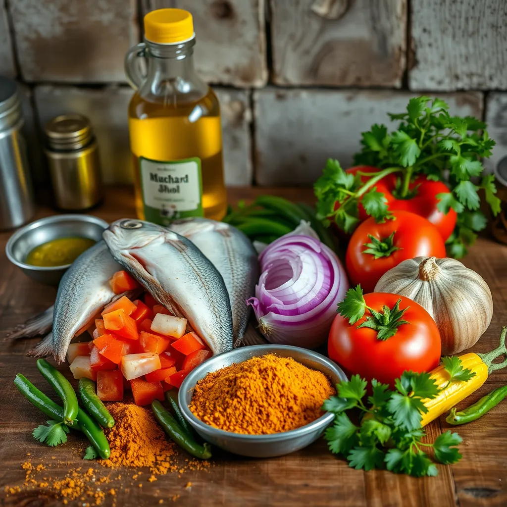 A high-resolution image showing a variety of ingredients for Macher Jhol: raw fish pieces, mustard oil bottle, chopped onions, ripe tomatoes, green chilies, turmeric powder, cumin seeds, and fresh coriander leaves arranged neatly on a rustic wooden kitchen countertop.