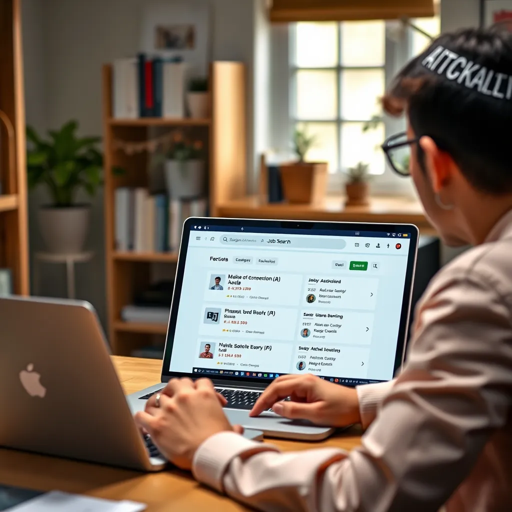 A high-resolution image showing a person seated at a desk, looking at a laptop displaying a job search website with listings for AI positions. The background includes a comfortable home office setup with books and plants, symbolizing productivity.