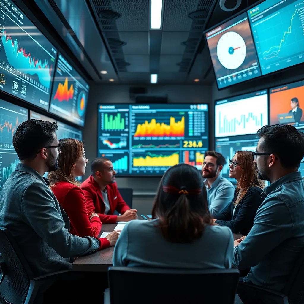A high-tech analysis room filled with digital screens displaying audience analytics, performance metrics, and competitive insights. Add a diverse team of marketers engaged in discussion, with visual representations of data flows and strategy maps around them.