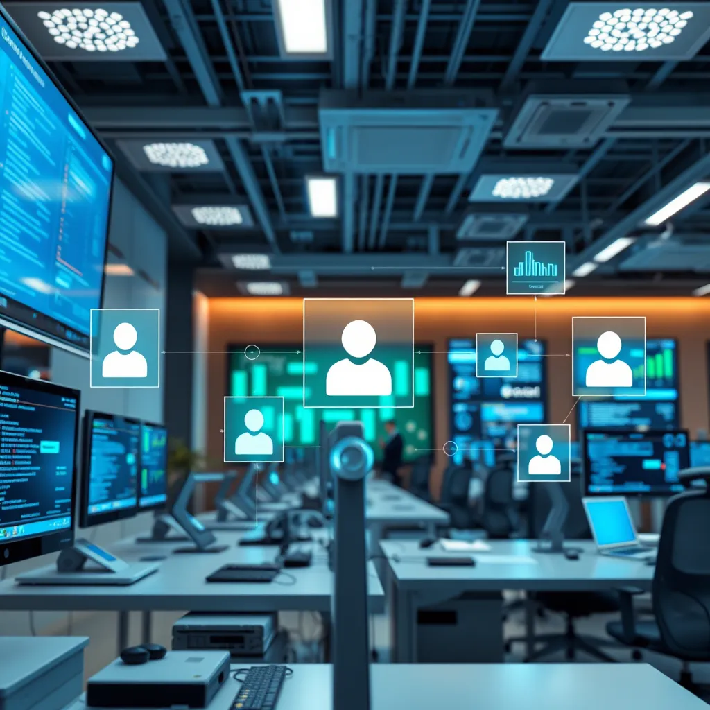 A high-tech office environment showcasing a digital interface connecting various software systems, symbolizing seamless integration of chatbot technology into customer support, with screens displaying chat logs and analytics in the background.