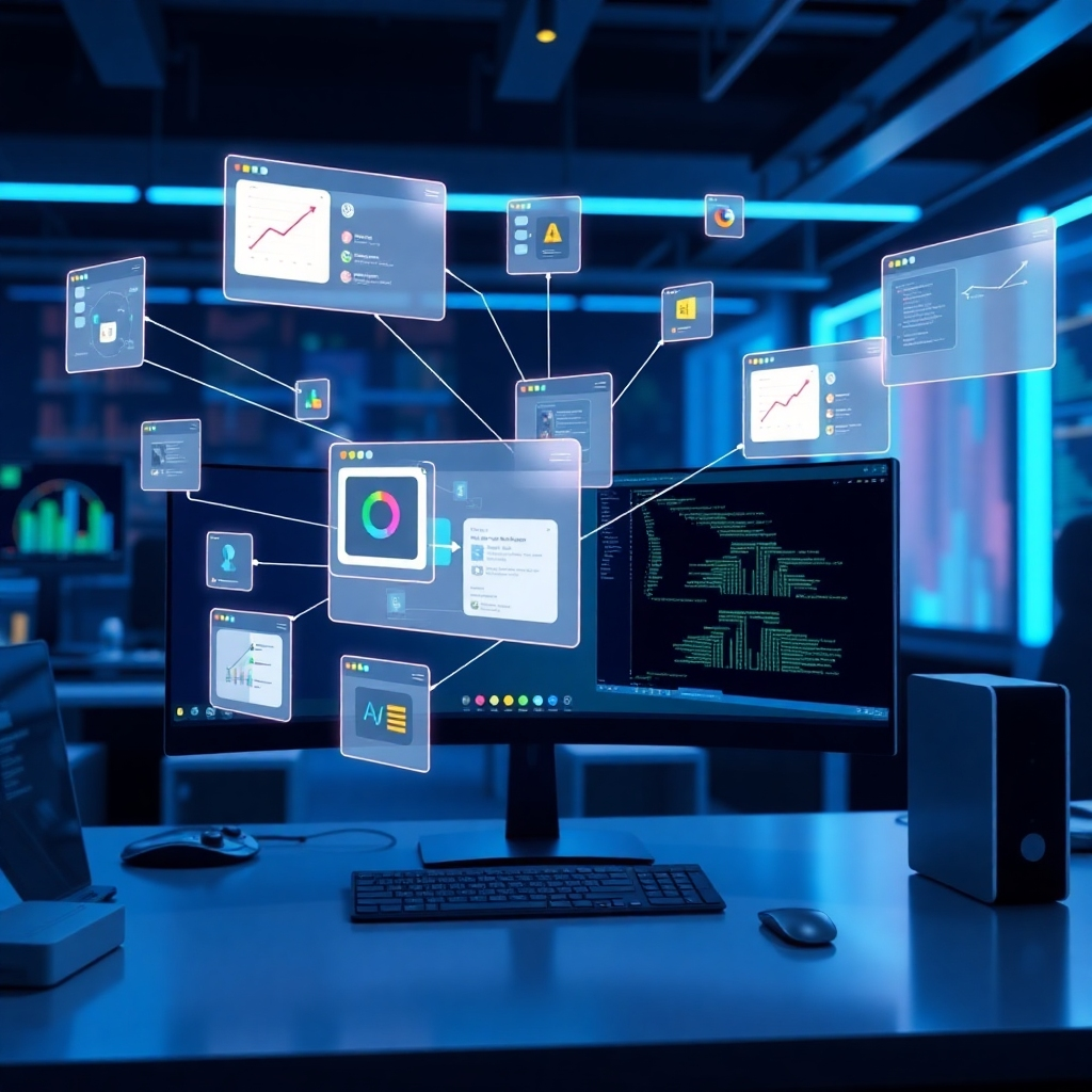 A high-tech simulation of multiple applications on a user’s desktop working in harmony, managed by the AI from Microsoft Copilot. Multiple floating windows are interconnected with glowing lines, illustrating the AI's ability to coordinate data. The setting is a sleek, modern workspace with interactive elements and a cool color palette that reflects a high-energy atmosphere of collaboration.