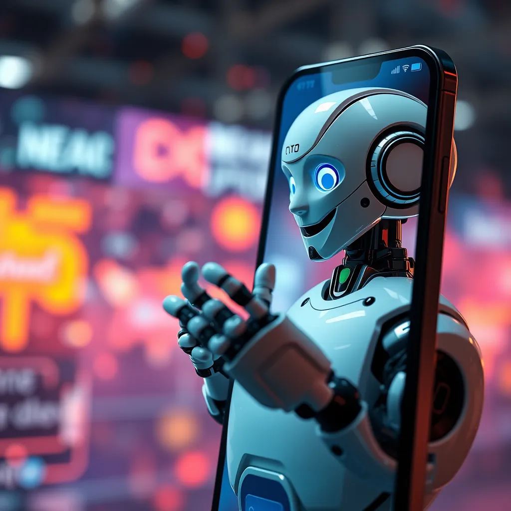 A highly detailed image of a chatbot engaging with a customer on a smartphone screen, showing a happy user receiving instant solutions. The background should include vibrant tech-themed visuals, conveying speed and efficiency in customer support.