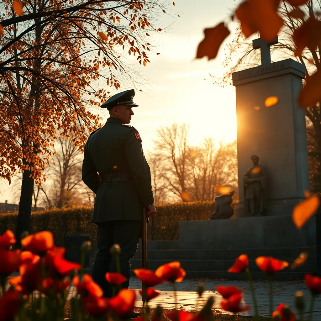 A historic scene depicting a soldier in World War I uniform standing solemnly at a war memorial on November 11, with autumn leaves falling. The setting sun casts a golden light, enhancing the somber yet respectful atmosphere of remembrance, with poppies in the foreground.
