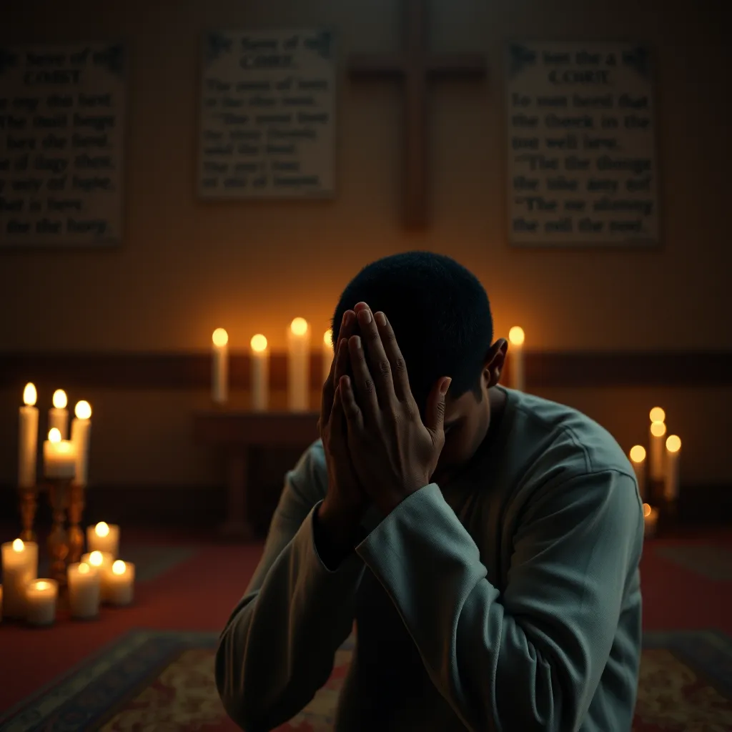 A intimate scene of a person kneeling in prayer in a softly lit room, surrounded by candles and scripture on the wall. The focus is on the person's hands clasped in prayer, conveying a sense of peace, strength, and surrender to a higher purpose.