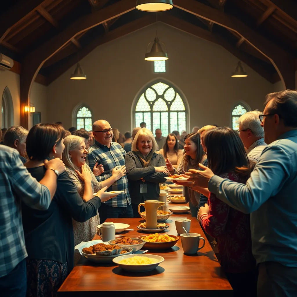 A joyful gathering of people in a church hall, sharing food and laughter, embracing one another with open arms, emphasizing the strong bonds of community that faith builds among believers.