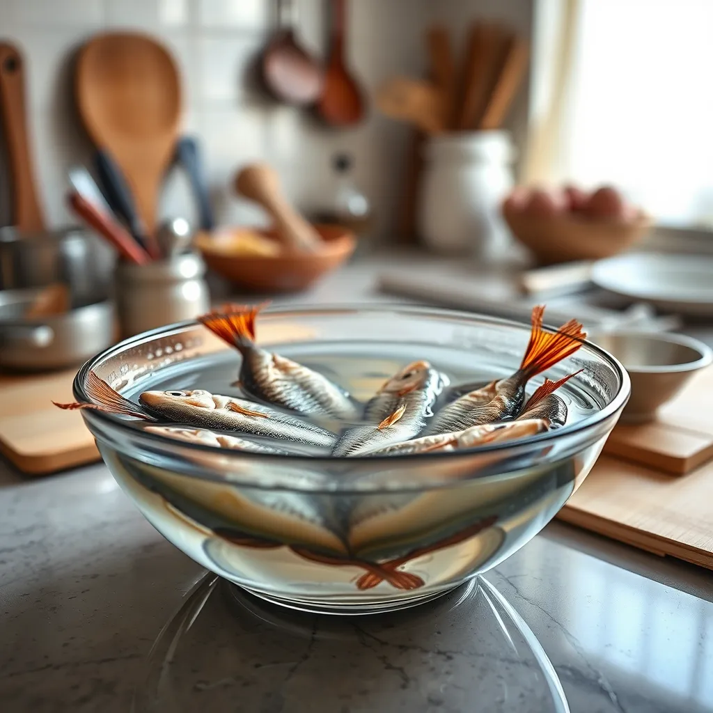 A kitchen counter with a bowl of dried fish soaking in water. The background should show a clean kitchen with typical cooking utensils. The focus is on the bowl with water and fish, highlighting the soaking process.
