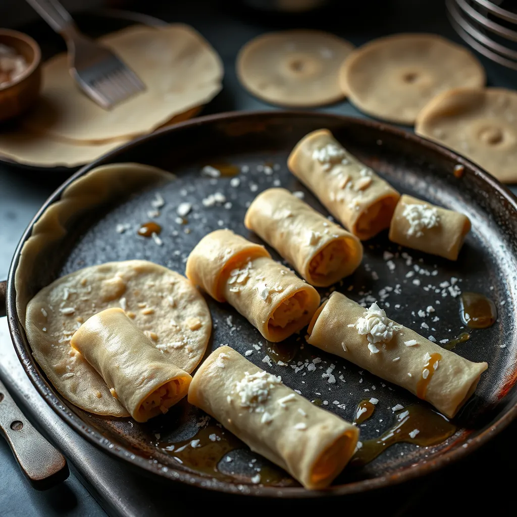 A kitchen scene with thin layers of Pati Shapta being cooked on a pan, filled with the sweet coconut mixture and rolled into perfect cylindrical shapes. Finished Pati Shaptas are beautifully plated with a garnish of coconut and a drizzle of jaggery syrup.
