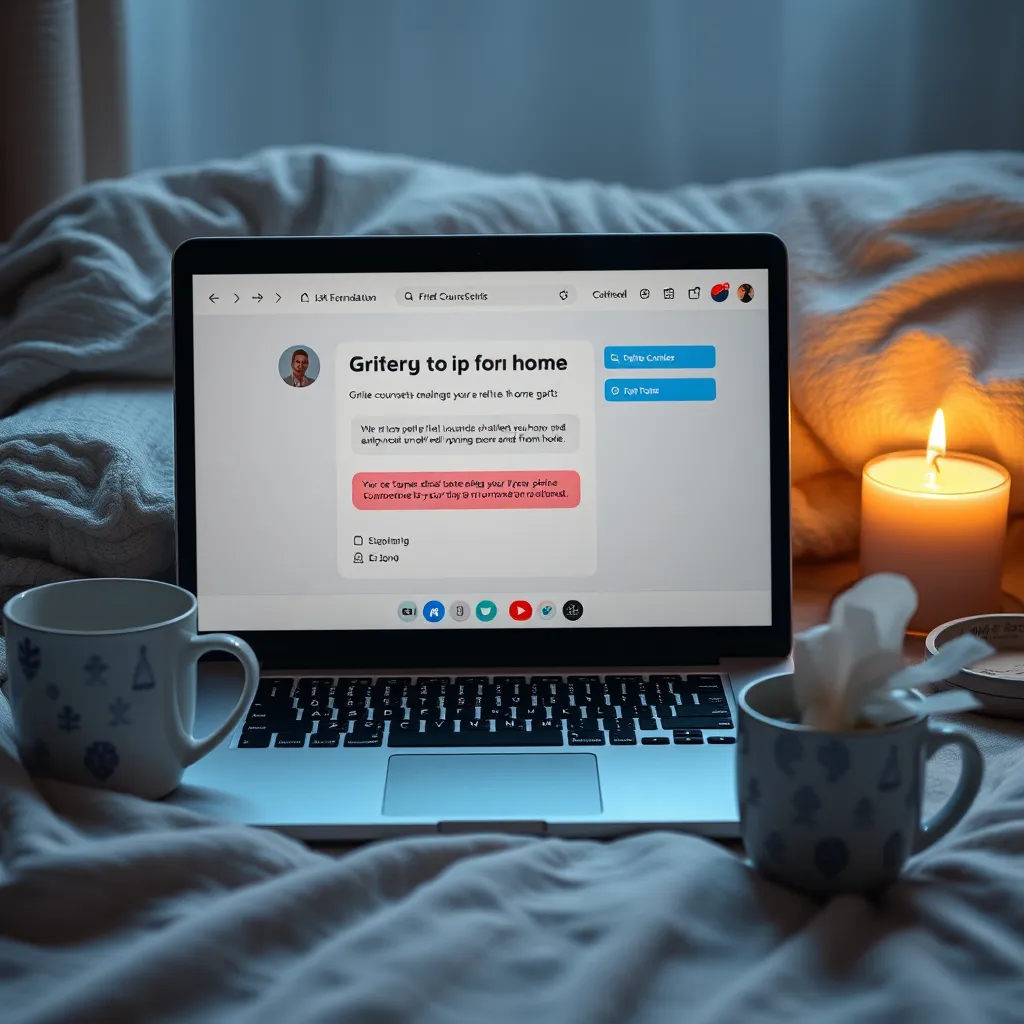 A laptop displaying a supportive online chat platform focused on grief counseling. Surrounding the laptop are comforting items like a mug of tea, a tissue box, and a lit candle, symbolizing the warmth and serenity of seeking help from home.