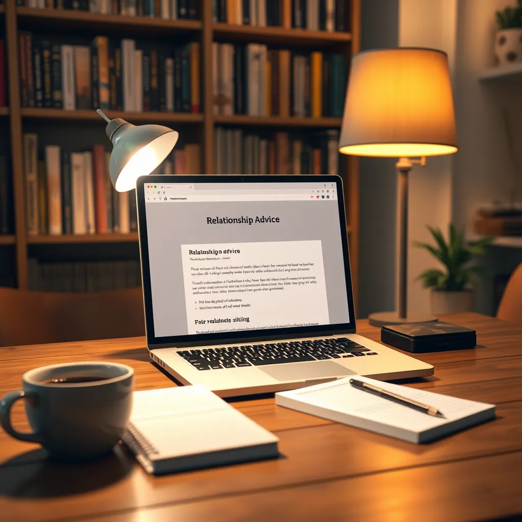 A laptop on a wooden desk displaying a forum page about relationship advice, surrounded by a cup of coffee, a notepad with notes, and a warm lamp casting a glow. In the background, a bookshelf filled with self-help books is visible.