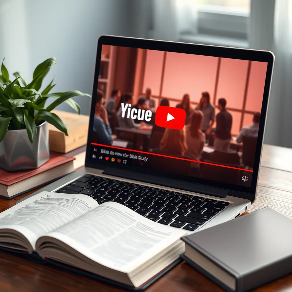 A laptop showing a YouTube video of a Bible study session, with engaging visuals on the screen. Surround the laptop with books and a plant to create an inviting and warm atmosphere.