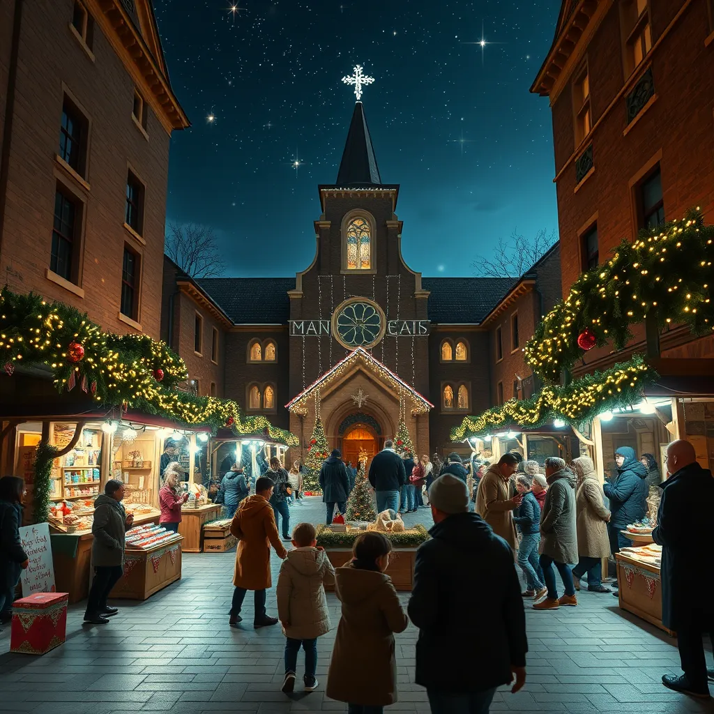 A lively church courtyard decorated for Christmas, filled with families enjoying a seasonal festival. There are booths with homemade crafts, children participating in a nativity play, and twinkling lights illuminating the joyous scene under a starry sky.