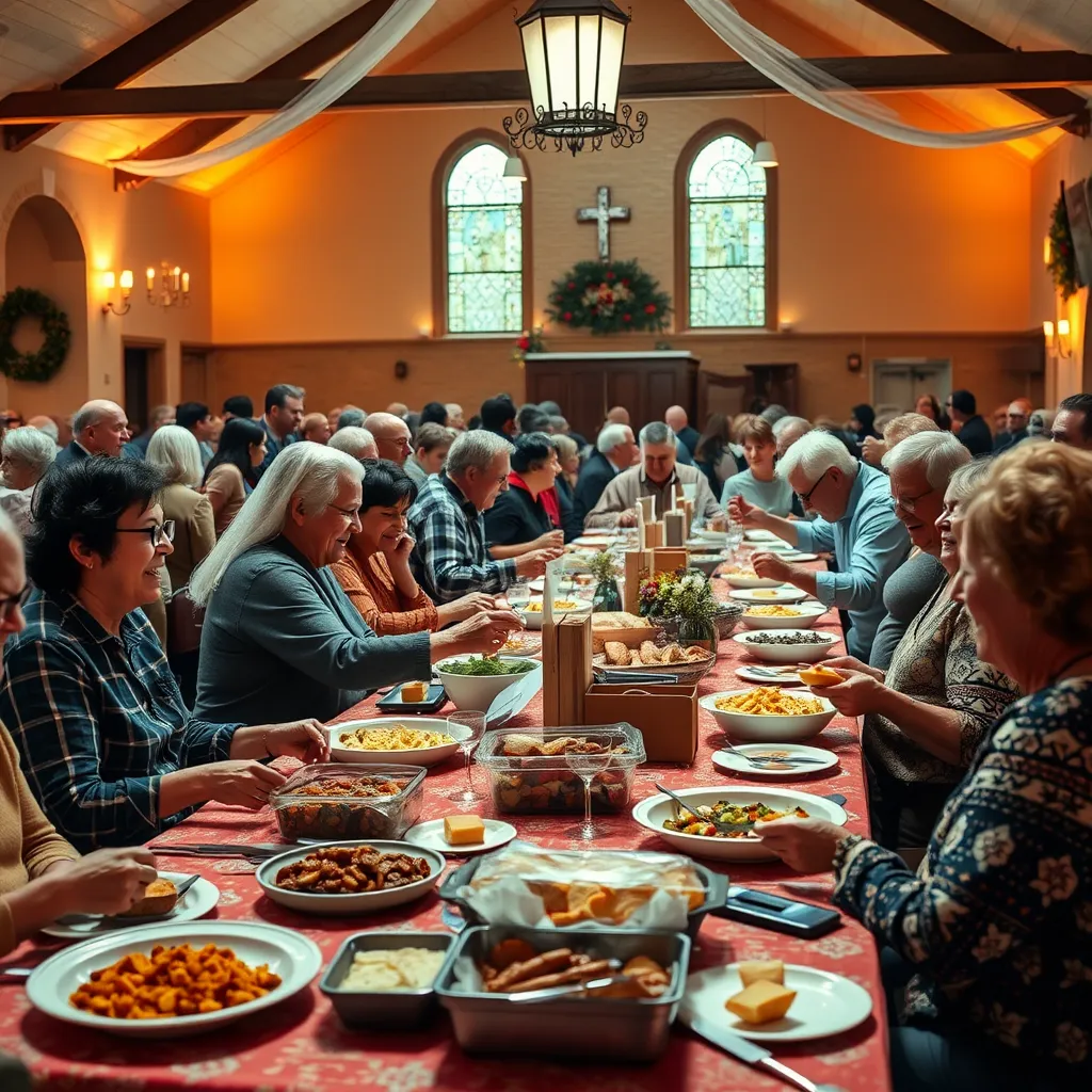 A lively church event with families and individuals enjoying a potluck in a decorated hall. Tables are filled with diverse dishes, people are laughing and sharing stories, surrounded by warm lighting and decorations, illustrating community spirit and celebration.
