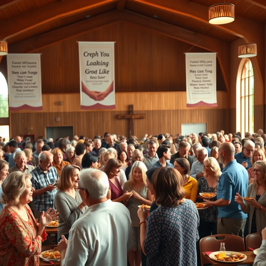 A lively church gathering in a warm, inviting hall, with people of all ages engaged in joyful conversations and activities, sharing food and laughter. Banners with scriptures can be seen around, fostering a sense of unity and fellowship.