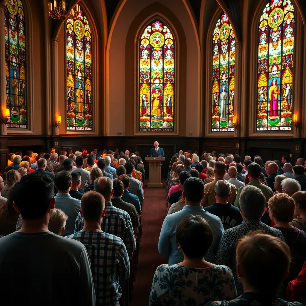 A lively church interior filled with diverse congregants attending a worship service. The congregation is engaged in prayer, some stand singing, with a pastor at the pulpit. Beautiful stained glass windows illuminate the scene with warm, colorful light.