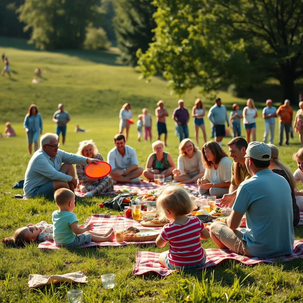 A lively church picnic in a grassy field, with families enjoying games like frisbee and children playing. Colorful picnic blankets spread out with food and drinks, and a joyous atmosphere full of laughter and interaction.